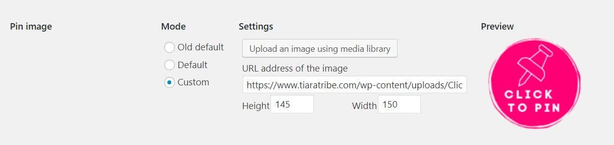 Upload and set the settings for the pin it button