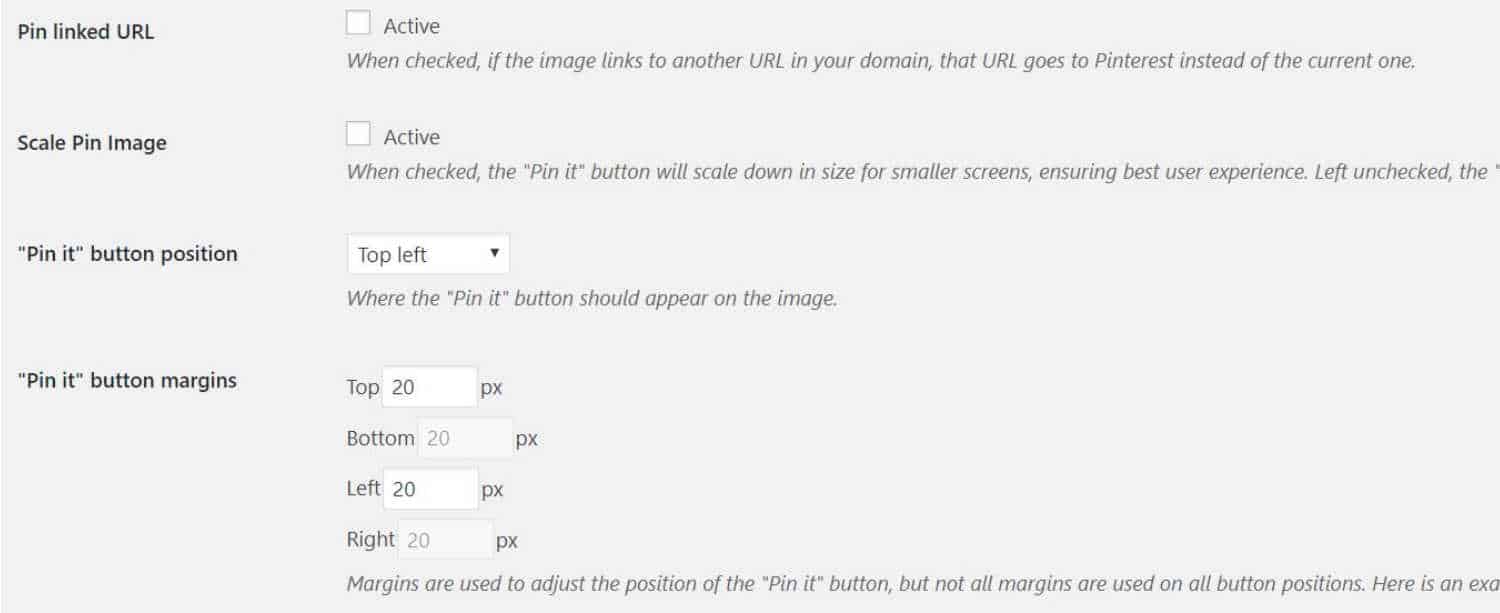 Settings for where to show the pin it button on your images
